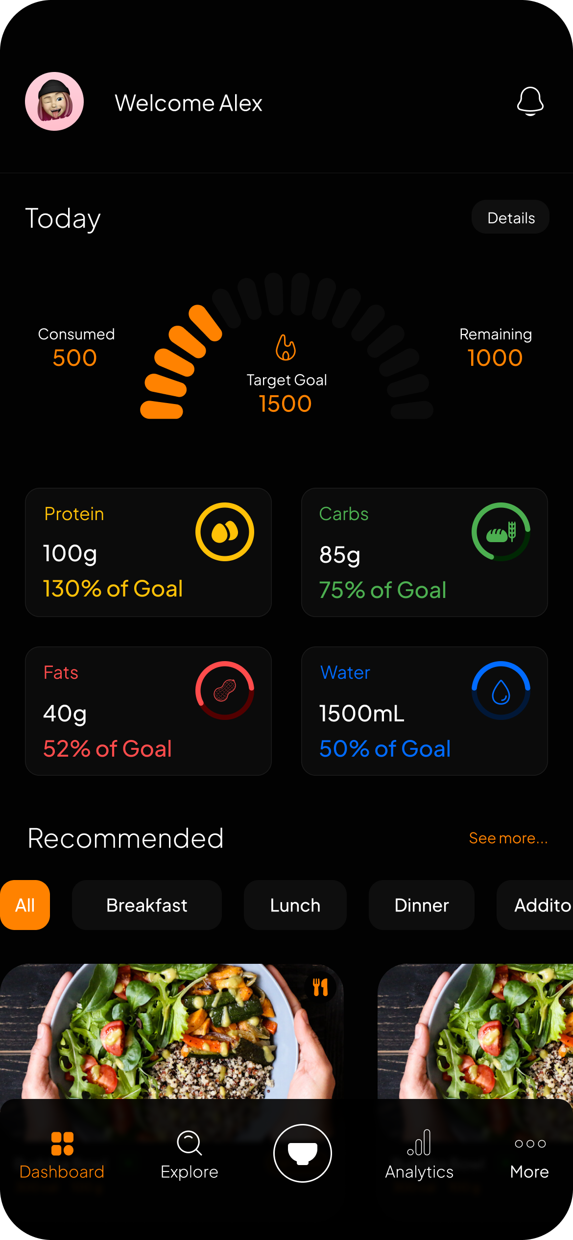 Personalized dashboard with calorie and macro progress rings